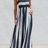Rosa Clothing - Stripes block A-line maxi spaghetti straps dress