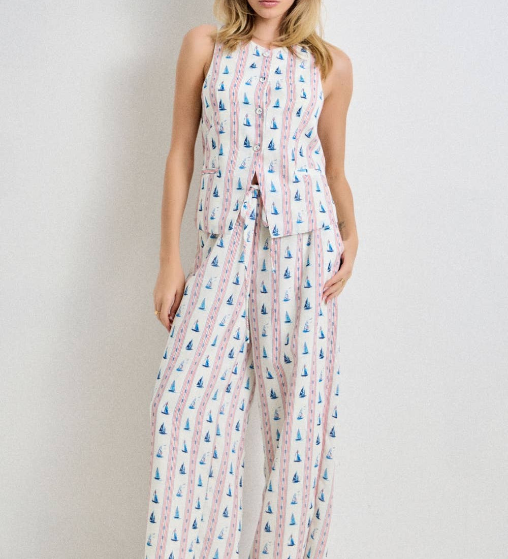 Baevely by Wellmade USA - BOAT PRINT DRAWSTRING PANTS