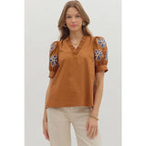 STYLE USA - Solid ruffle accent V-neck top