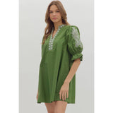 STYLE USA - Floral embroidered sleeve Solid mini dress