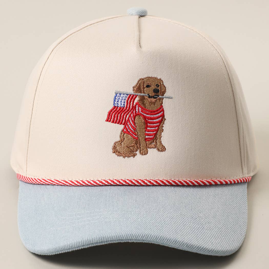 Fashion City - Golden Retriever Holding USA Flag Denim Brim Trucker Hat