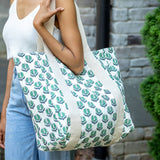 Anju Jewelry - Handcrafted Canvas Bag with Block-Printed Teal Marigold