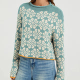 Rosa Clothing - Boho Floral Motif Rolled Neck Knit Sweater