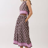 TCEC - CS4105-Border Print Elastic Back Waistband Midi Skirt