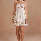 Strut & Bolt - Embroidered Palm & Floral Scalloped Babydoll Mini Dress