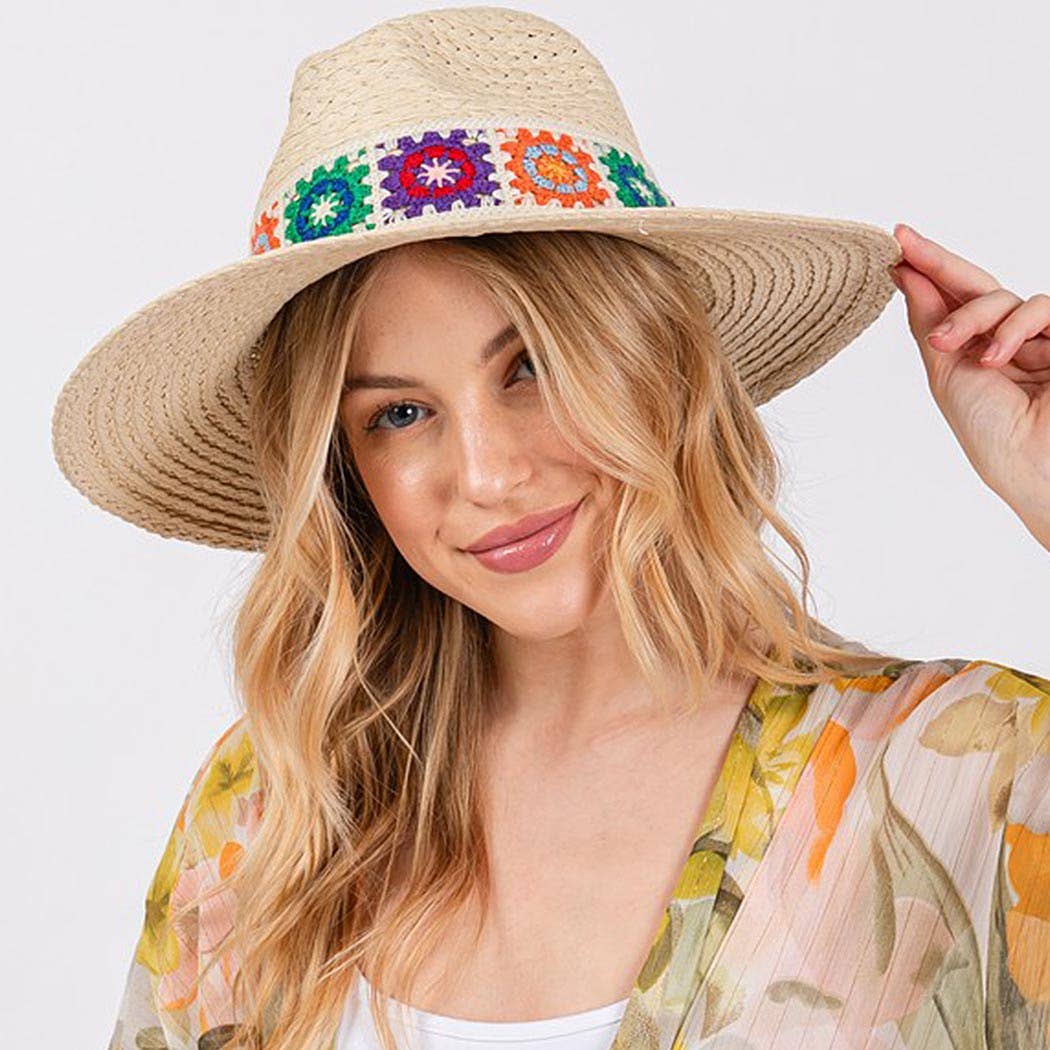 3AM BY H&D ACCESSORIES - Floral Crochet Band Straw Hat