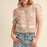 &MERCI - FLORAL KNIT SHORT PUFF SLEEVE SWEATER CARDIGAN MSW11393