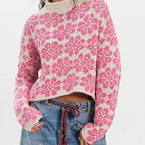 Rosa Clothing - Boho Floral Motif Rolled Neck Knit Sweater