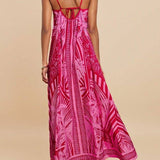Rosa Clothing - Tropical palm print swing maxi strappy dress in fuchsia