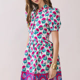 TCEC - CD06754-Floral Puff Sleeve Mini Dress With Border Hem