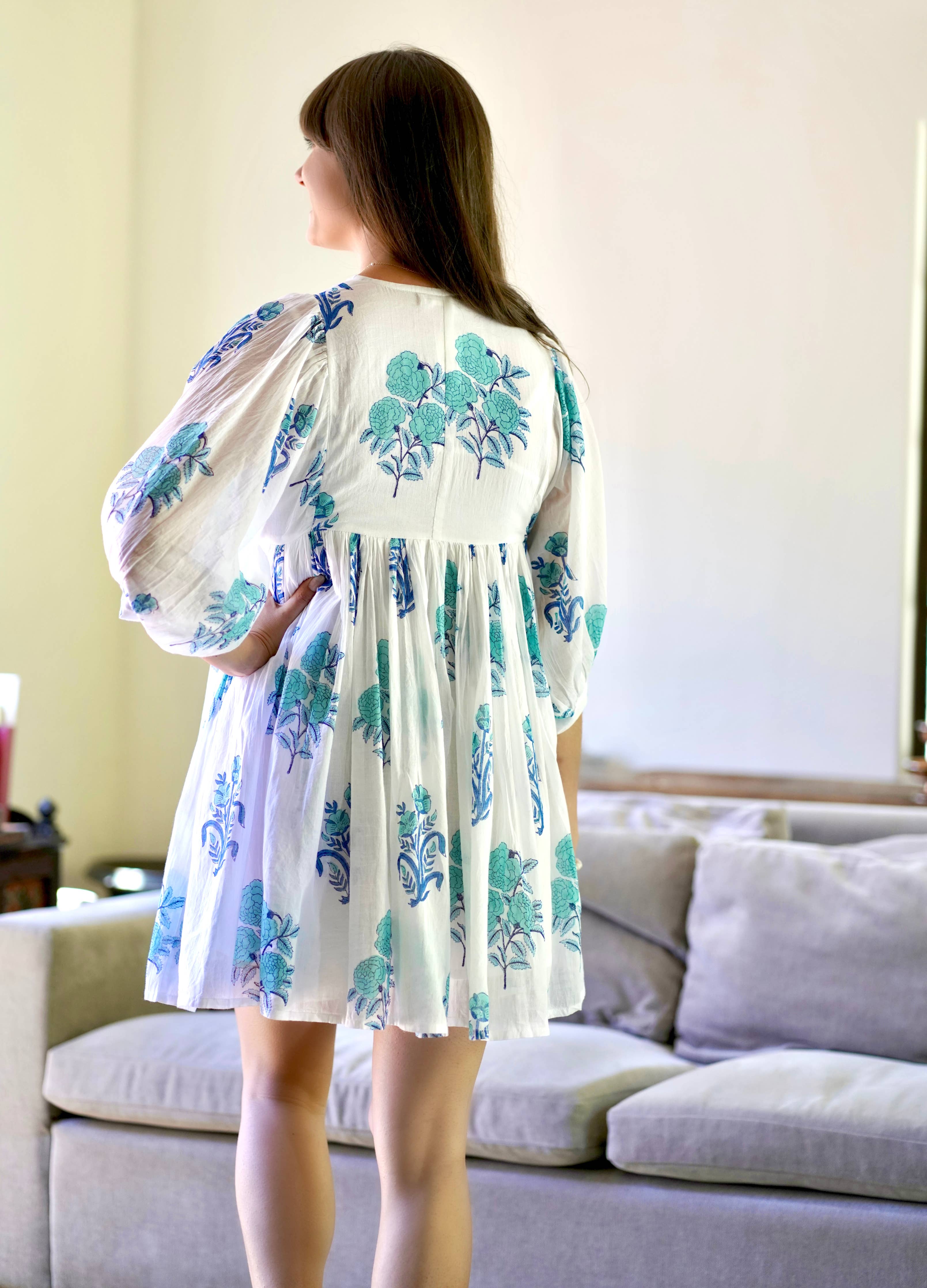 Dolma - Raya Block Printed Mini Dress White Turq