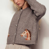 Urban Daizy - Western Horse Graphic Ribbed Trim Crew Neck Cardigan