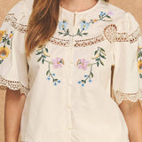Strut & Bolt - Embroidered Floral Lace Detail Scalloped Short Sleeve Top