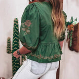 Rosa Clothing - Retro Boho Floral Embroidery Tie Front Top