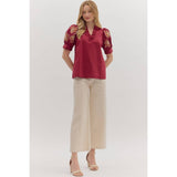 STYLE USA - Solid ruffle accent V-neck top