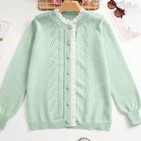 Rosa Clothing - Slouchy Contrast Scallop Lace Trim Button Knit Cardigan