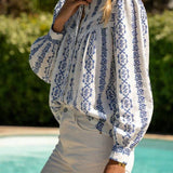 Rosa Clothing - French Romance Blue Floral Print Vintage Style Blouse