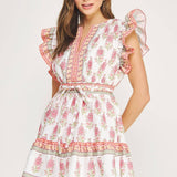 Strut & Bolt - Floral Block Print Poplin Ruffle Sleeve Mini Dress