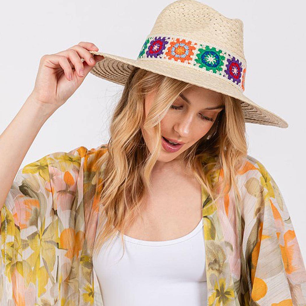 3AM BY H&D ACCESSORIES - Floral Crochet Band Straw Hat