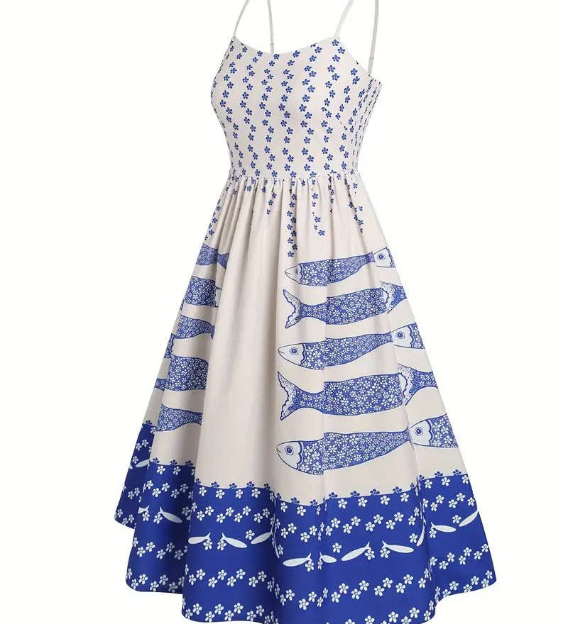 Rosa Clothing - Vacation ocean fish print strap dress back elastic