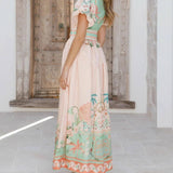 Rosa Clothing - Vacation Casual Tropical Print Puff-Sleeve Maxi Dress