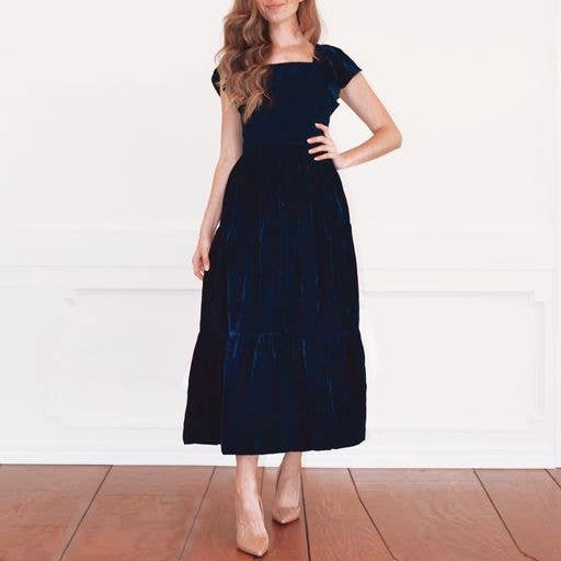 8 Oak Lane - Navy Velvet Smocked House Dress