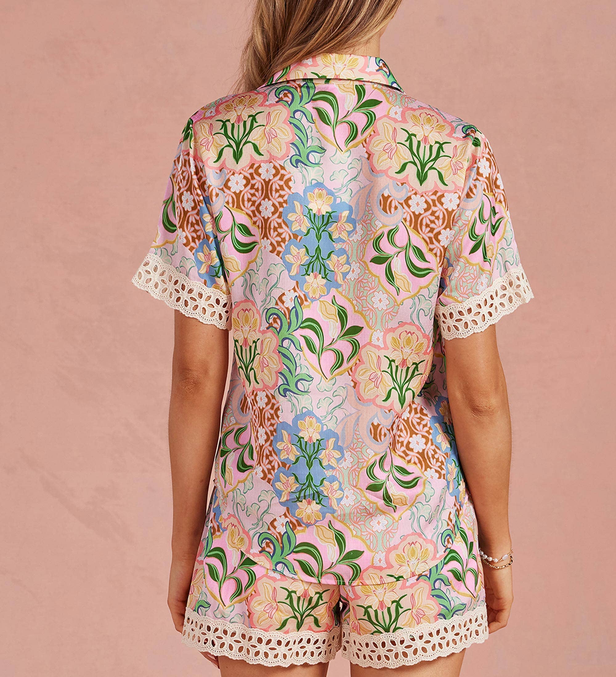 Strut & Bolt - Garden Party Crochet Contrast Trim Satin Shirt