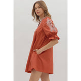 STYLE USA - Floral embroidered sleeve Solid mini dress
