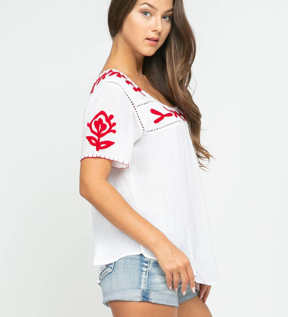 Sandy Embroidered Top White-Red