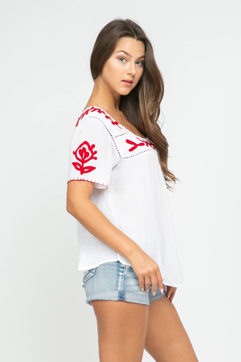 Sandy Embroidered Top White-Red