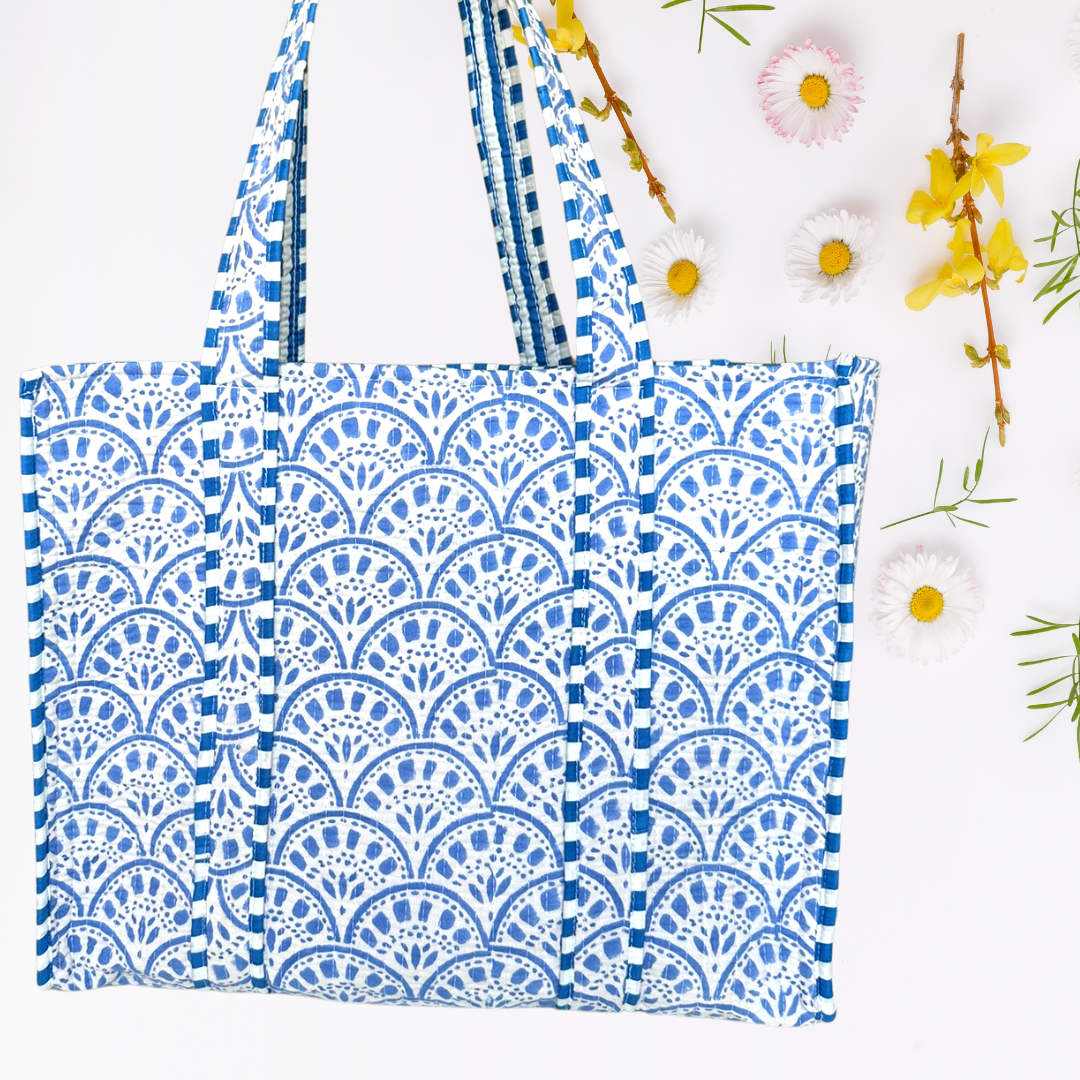 The Indian Bazaar - Quilted Cotton Reversible Tote Bag - Hand Block Blue Floral