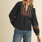 &MERCI - FLORAL CROSS STITCH EMBROIDERED PUFF SLEEVE TOP MTP4089