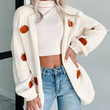 Rosa Clothing - Halloween Pumpkin Embroidery Ribbed Knit Open Cardigan