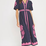 Strut & Bolt - Flower Patch Contrast Embroidery Midi Dress