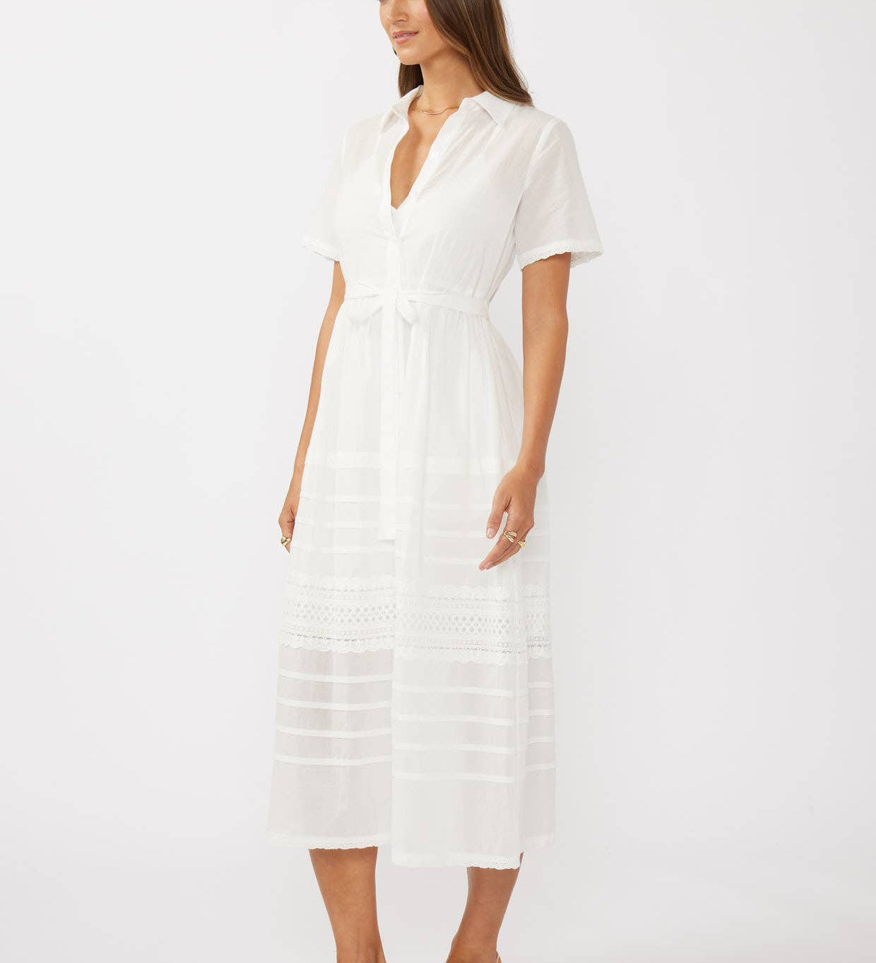 Lovestitch - Lace-Trimmed Button-Down Cotton Midi Shirt Dress