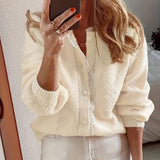 Rosa Clothing - Slouchy Contrast Scallop Lace Trim Button Knit Cardigan