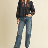 &MERCI - FLORAL CROSS STITCH EMBROIDERED PUFF SLEEVE TOP MTP4089