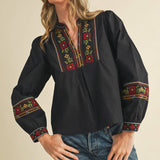 &MERCI - FLORAL CROSS STITCH EMBROIDERED PUFF SLEEVE TOP MTP4089
