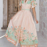 Rosa Clothing - Vacation Casual Tropical Print Puff-Sleeve Maxi Dress