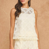 Strut & Bolt - Fringe Hem Floral Medallion Crochet Sleeveless Top