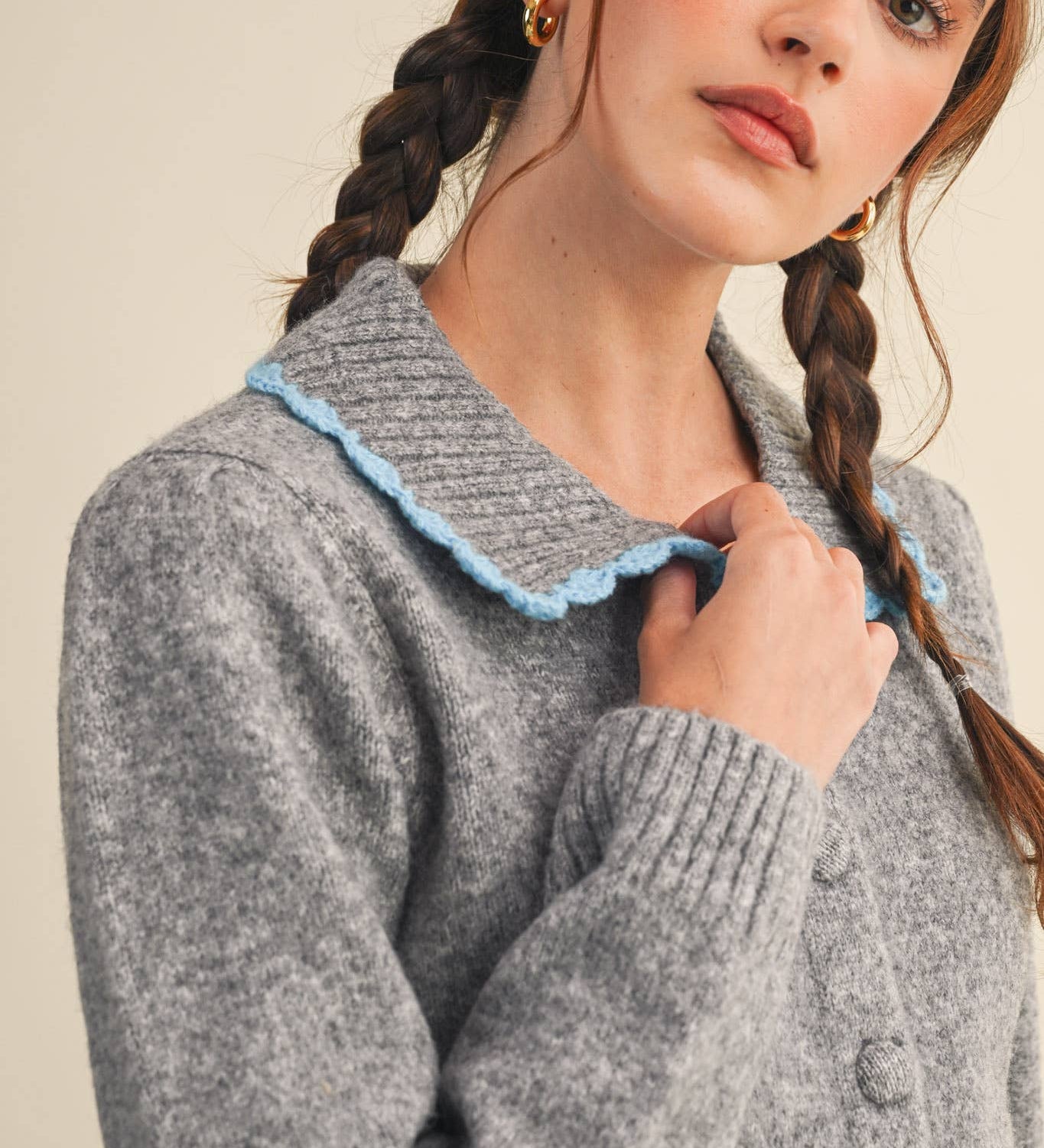&MERCI - CONTRAST SCALLOPED COLLAR SWEATER CARDIGAN MSW11141