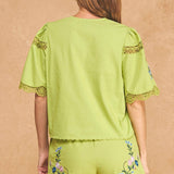 Strut & Bolt - Embroidered Floral Lace Detail Scalloped Short Sleeve Top