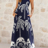 Rosa Clothing - Tropical vacation palm print A-line strappy maxi dress