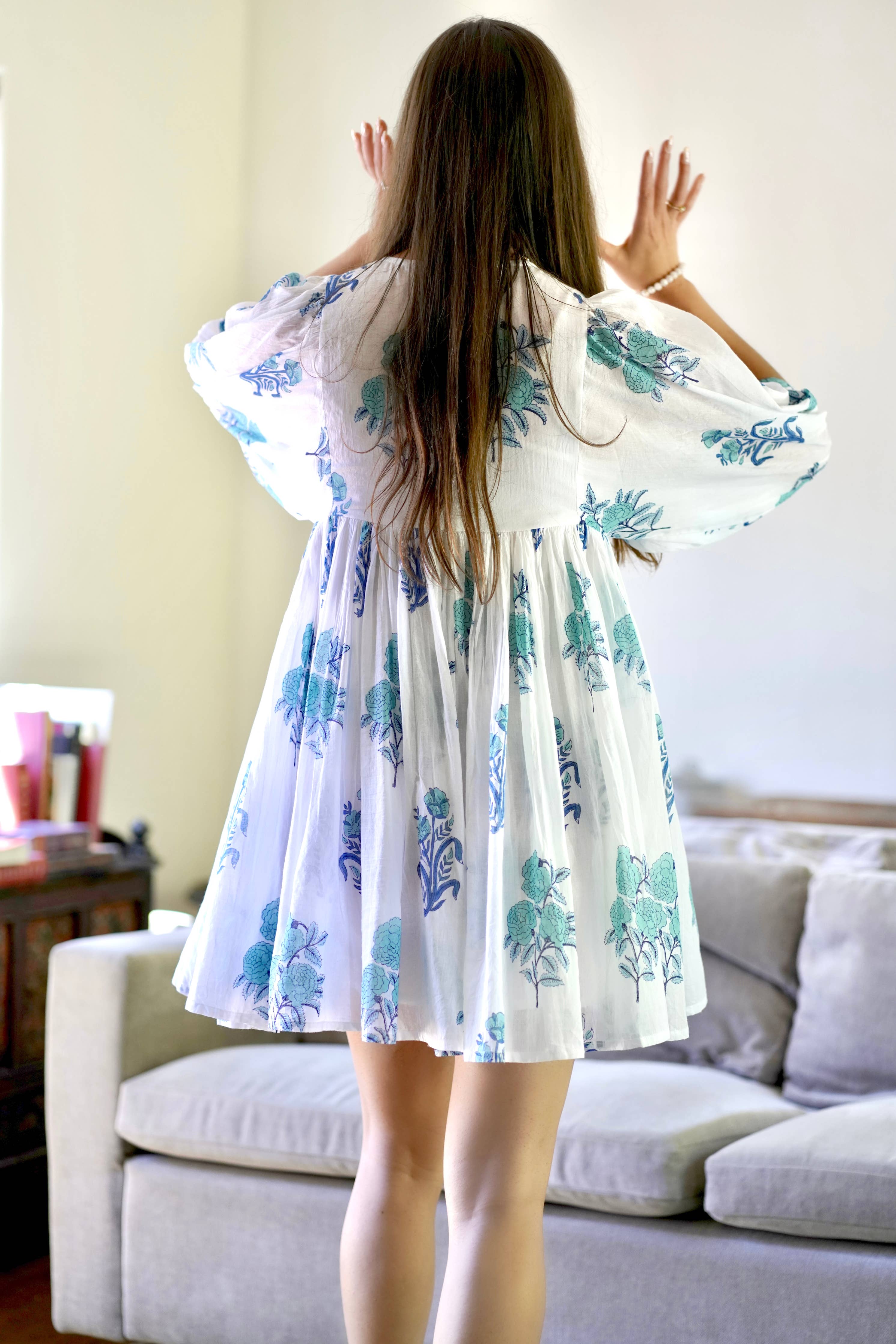 Dolma - Raya Block Printed Mini Dress White Turq