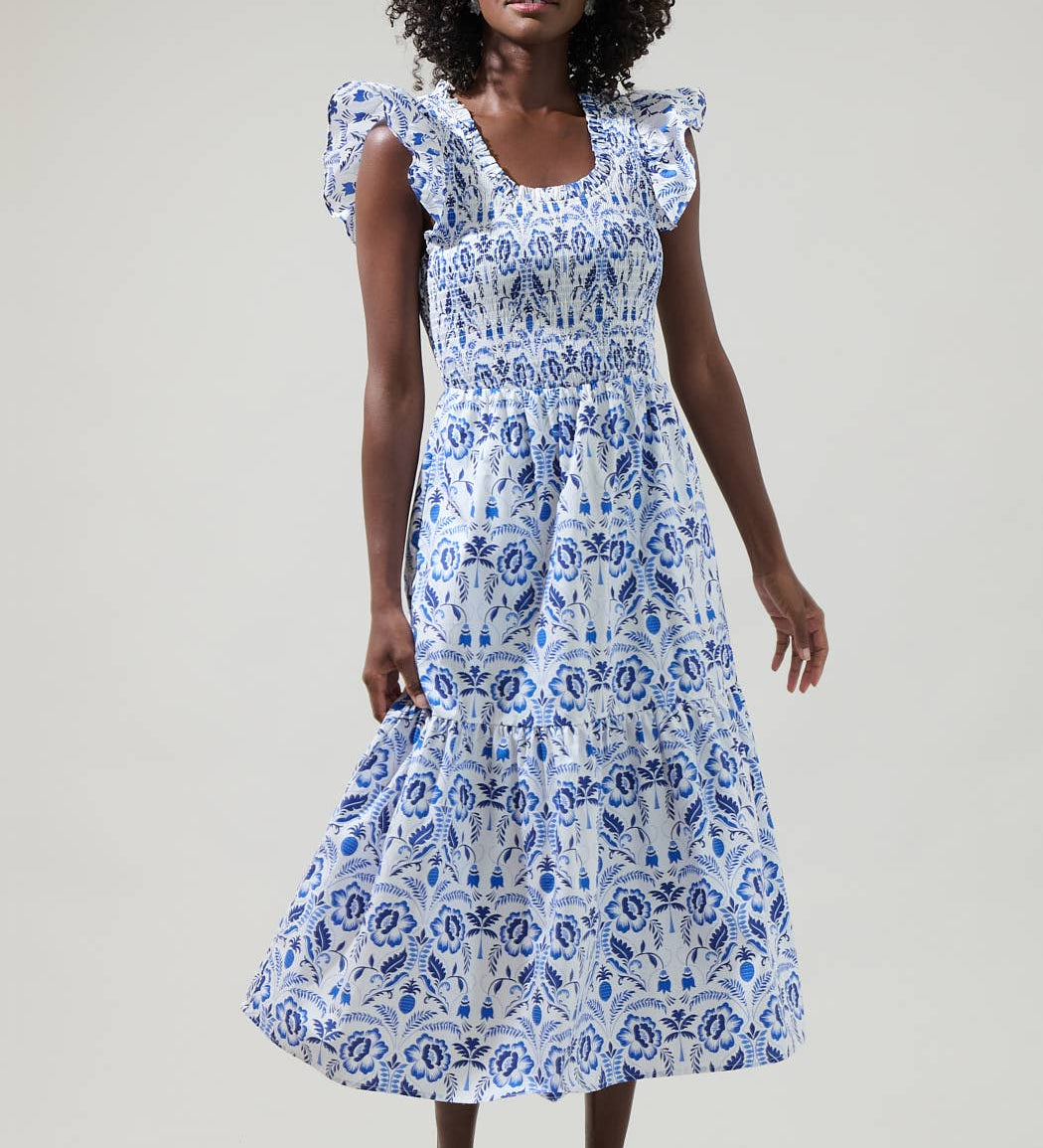 Sugarlips - Marisol Floral Giza Glare Smock Tiered Midi Dress