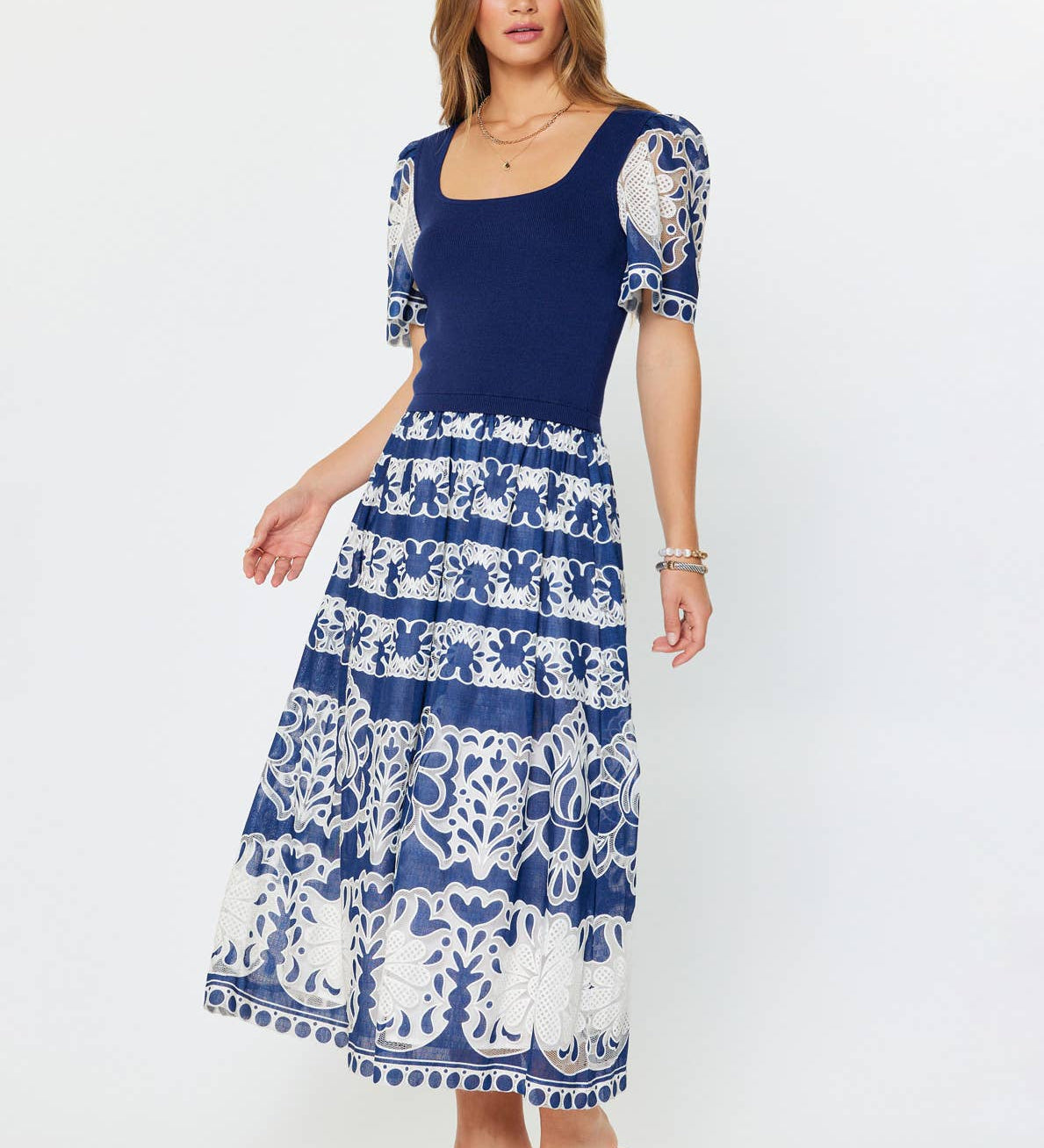 Current Air - Lace Embroidered A-line Midi Dress