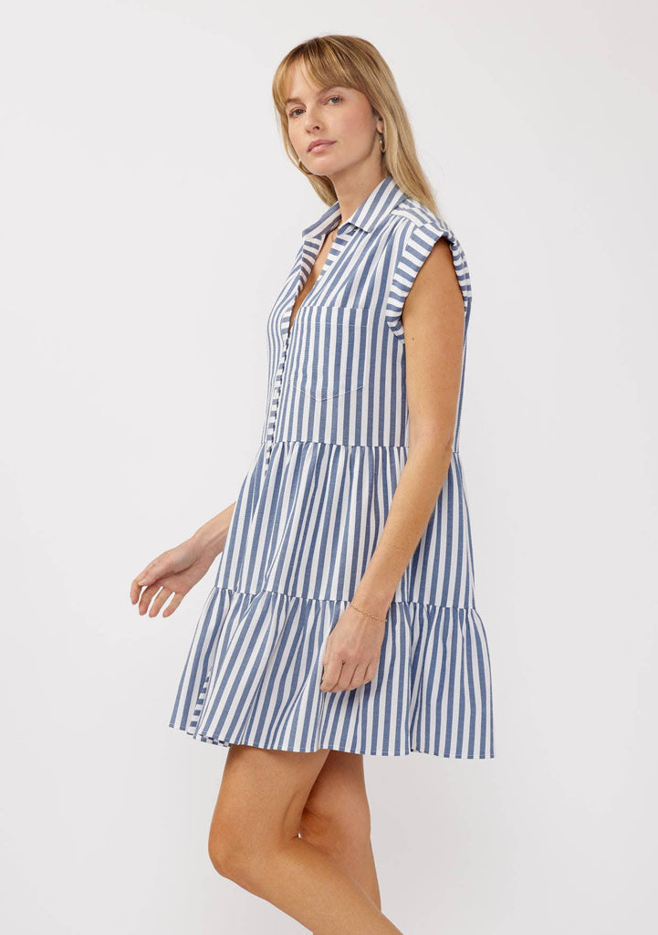 Lovestitch - Striped Collared Button-Down Tiered Dress