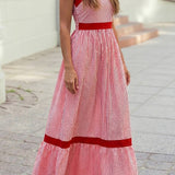 1 the Woman - Knot Straps Contrast Trim High Waist Ruffle Hem Maxi Dress