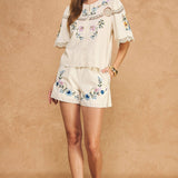 Strut & Bolt - Embroidered Floral Lace Detail Scalloped Short Sleeve Top