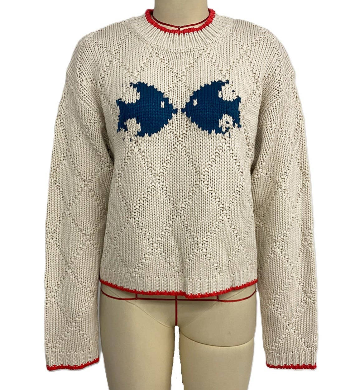 Rosa Clothing - Contrast Trim Fish Pattern Crewneck Knit Sweater
